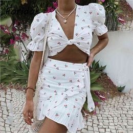 Cherry Print Summer Beach Dress Women White Two Pieces Sets Puff Sleeve Holiday Cotton Bodycon Short 210427