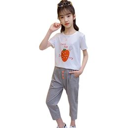 Children Clothes Starwberry Tshirt + Pants Teenage Girls Clothing Letter Outfits For Summer Costumes 210527