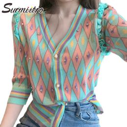 SURMIITRO Diamonds Cardigan Women Autumn Winter Korean Laciness Plaid Long Sleeve Sweater Female Knitted Knitwear 210712