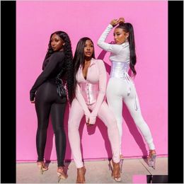 Women'S Tracksuits Apparel Women Solid Jumpsuit Corset 2 Pieces Set Long Sleeve Zipper Bodycon Sexy Streetwear Matching Outfit Clothin Gbwtd