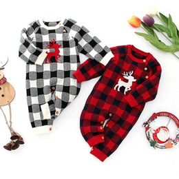 Autumn Winter Christmas Baby Boys Girls Grid Long Sleeve Deer Rompers Clothes Boy Girl Kids Knitting 210429