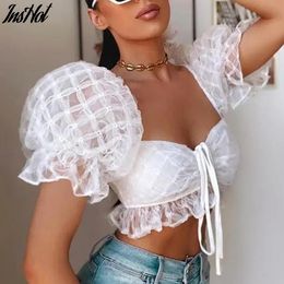 Summer Tops And Blouses Sexy Lace Blouse Women Shirt Bandage Puff Sleeve Backless Vintage Crop Tops Ladies 210514