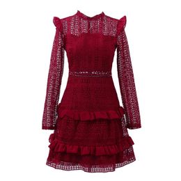 Lace Dress Stand Collar Long Sleeve Ruffle Mini Short Wine Red Black Solid Spring Autumn D0876 210514