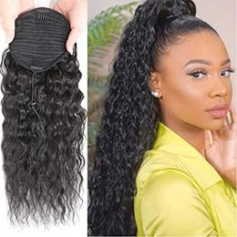 Long Ponytail Human Hair Extension, Drawstring Corn Wave Ponytails for Black Women, 3C Curly Wavy Pony Tails 10A Brazilian Hairpiece 140g