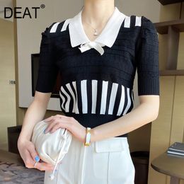 DEAT summer fashion women clothes turn-down collar short sleeves knitting pullover short T-shirt female top WR31601L 210428