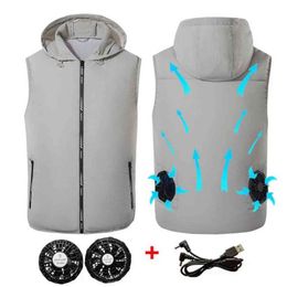 Men Summer Air Conditioning Clothing Fan Cooling Vest USB Charging Cooling sport man vest Outdoor Cooling summer hood vest 211120