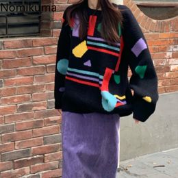 Nomikuma Korean Style Pull Femme Pullover Geometric Contrast Colour Vintage Jumper Casual Fashion Long Sleeve Sweater Women 3c912 210514