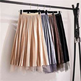 Trend Vintage Wear gold velvet skirt lady both sides Autumn winter pleated Irregular A-line Long mesh Womens 210420