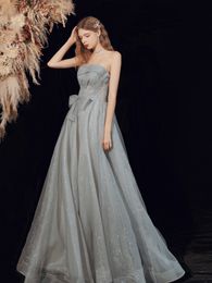 Sexy Grey Evening Dress Strapless Floor Length Prom Gowns Sparking Tulle Party Wearing