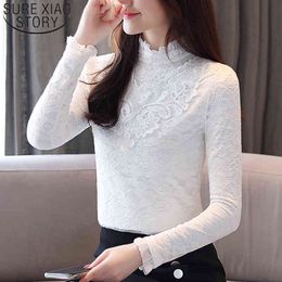 Autumn Women Ladies Long Sleeve Balck Lace Blouse Blusas Slim Plus Isze Tops Solid Stand Harajuku 6826 50 210415