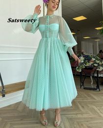 winter homecoming dresses Australia - Turquoise Green Dotted Tulle Tea Length Prom Dresses With Buttoned Top O-Neck Long Puff Sleeves Homecoming Party Dress