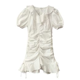 PERHAPS U Violet White Ruffle Short Sleeve Mini Dress Casual Drawstring Solid Summer Women Female D1770 210529
