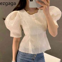 Ezgaga Vintage Women Blouse Korean Chic Short Puff Sleeve Solid Slim Spring Summer Fashion Ladies Shirts Casual Elegant 210430