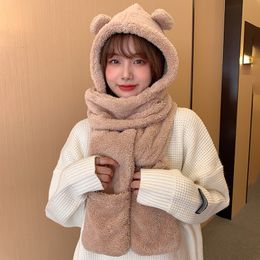 Women Cute Bear Solid Colour Winter Thick Warm Hat Scarf Gloves Set Windproof Soft Comfortable Daily Casual Scarves Caps Cycling Neck Warmer JY0842