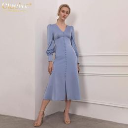Casual Dresses Clacive Sexy V-Neck Single-Breasted Blue Ladies Midi Dress Autumn Long Sleeve Party Women Elegant Slim Split