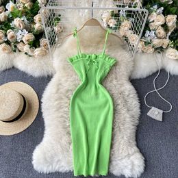 Foamlina Bow Tied Spaghetti Strap Solid Knitted Dress Women Summer Sleeveless Mini Bodycon Dress Vestidos Sexy Female Clothing Y0603