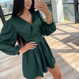 Women Sexy Deep V-Neck Mini Dress Lantern Sleeve Solid Sashes Satin Party A line Autumn Office Lady Vintage 210623