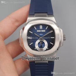 2022 5726 Annual Calendar Moon Phase Automatic Mens Watch Steel Case Blue Textured Dial Stick Markers Rubber Strap 6 Styles Watches Puretime01 E18RB-H8