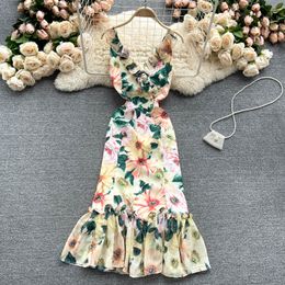 Summer Casual Women Ruffled Floral Print Dress Vintage Ladies High Waist Slim Bodycon Beach Fairy 210423