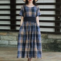 Johnature Summer Cotton Linen Retro Plaid O-neck Short Sleeve Fashion Lace Up Dress Loose Comfortable Women Dresses 210521