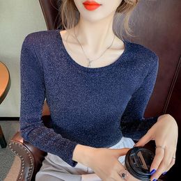 Women's T-Shirt Autumn Female Fashion Bottoming Shirt Bright Silk Mesh T Women Long Sleeve Solid Casual Top Tees Stretch Plus Size