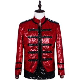 Bar Stage Male Red Sequins Jacket Star Concert Performance Slim Shiny Double Button Coat Punk Singer Dancer Team Nightclub Tuxedo Costume