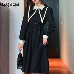 Ezgaga Vintage Long Sleeve Women Dress French Style Solid Turn-Down Collar Spring Fashion High Waist Elegant Dress Vestidos 210430