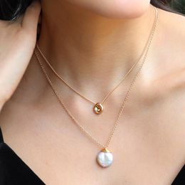 Pendant Necklaces Fashion Titanium Steel Necklace Double Jewellery Natural Baroque Shaped Pearl Golden Bean Party