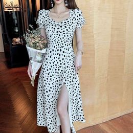 Summer Polka Dot Party Dress Women Chiffon High Waist Short Sleeve Midi White Vintage Elegant Long es 13424 210508
