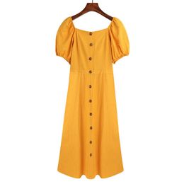 PERHAPS U Casual Yellow Slash Neck Puff Short Sleeve Button Knee Length Solid Dress Vintage D0787 210529