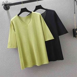 Summer Fashion Chic V-neck Collar Shirt Women s Woman Thin Knitted Blouse Short Sleeve Pullover Tops Femme 13593 210521