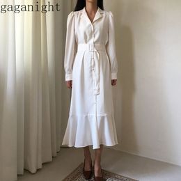 Gaganight Elegant Women Maxi Solid Fashion Dress Ruffles Long Sleeve Bodycon Dresses Office Lady Single Breasted Sash Vestidos 210519