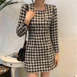 Single-breasted Korean Vintage Women Mini Dress Spring Full Sleeve Square Collar Slim Waist Elegant Dresses Vestidos Femme 210513