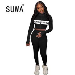 Tracksuit Women 2 Piece Set Letter Printed Zipper Long Sleeve Jacket Tops Skinny Trousers Sweatpants Joggers Wholesale Product 210525