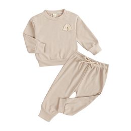 Newborn Baby Girls Boys Solid Colour Clothes Set Rainbow Embroidery Long Sleeve O-neck Tops + Long Pants 0-24M