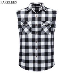Fashion Cowboy Sleeveless Plaid Shirt Men Casual Flannel Cotton Snap Shirts Mens Double Pocket Beach Party Vest Checkered Top 210522