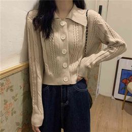 Korean OL Hollow Out Cardigan Autumn Winter Sweater Coat Women Elegant Lapel Solid Colour Loose Knitted Crop Tops 210514