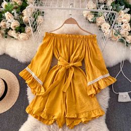 SINGREINY Design Off Shoulder Jumpsuits Women Sexy Slash Neck Flare Sleeve Lace up Rompers Autumn Elegant Wide Leg Short Rompers 210419