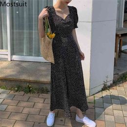 Summer Floral Printed Korean Women Long Dress Short Sleeve V-neck A-line Dresses Elegant Vintage Ladies Vetidos Femme 210513