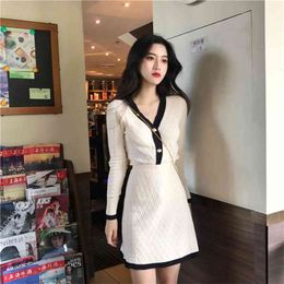Autumn Runway Knitted 2 Piece Set Women Elegant Single-Breasted V Neck Sweater Cardigan + High Waist A Line Skirt Suit 210520