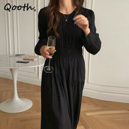 Qooth Solid Pleated Elastic Waist Office Lady Dress O-neck Long Sleeve High Waist Long Dress Summer Sweet All Match Dress QT715 210518