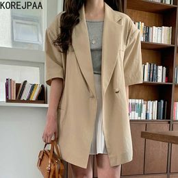 Korejpaa Women Jacket Summer Korean Chic Ladies Simple Loose BFStyle Lapel One-Button Shoulder Pad Short-Sleeved Suit Coats 210526