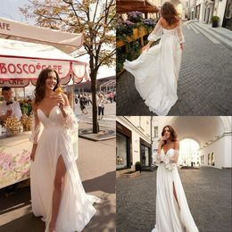 Boho Beach Wedding Dresse Bridal Gown With Detachable Long Poet Sleeves 3D Floral Applique Side Slit Chiffon Pleats Ruched Vestidos De Novia 403 403