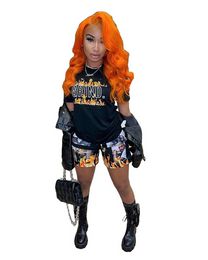 womens tracksuits black twopieces street style hiphop fire print tshirt and shorts set