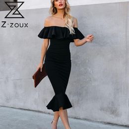 Women Dress Ruffles Slash Neck Sexy Dresses Plus Size Off Shoulder Black White Red Mermaid Summer Clothes 210524