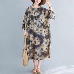 Johnature Women Print Floral Dresses Summer Cotton Blend O-Neck Flare Sleeve Plus Size Women Clothing Casual Dresses 210521