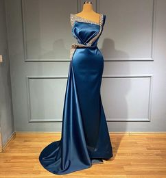2021 Royal Blue Satin Mermaid Formal Women Evening Dresses For Afriacn Beaded Plus Size Prom Party Gowns Robe De Marriage285V