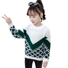 Teenage Children's Sweater Geometric Girls Patchwork Children Casual Style Clothes Girl 6 8 10 12 14 210527