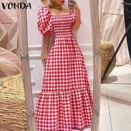 VONDA Maxi Dress Women Pleated Casual Short Sleeve Square Collar Party Dresses Bohemian Vestidos Vintage Plaid Robe Y0726