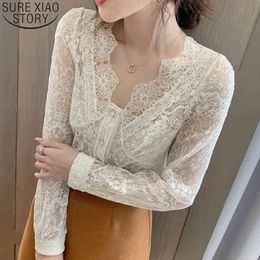 Embroidery Floral Fashion Vintage Sexy Mesh lace blouse women Tops Long Sleeve Shirts V Neck Casual Elegant Blouses Blusas 12286 210417